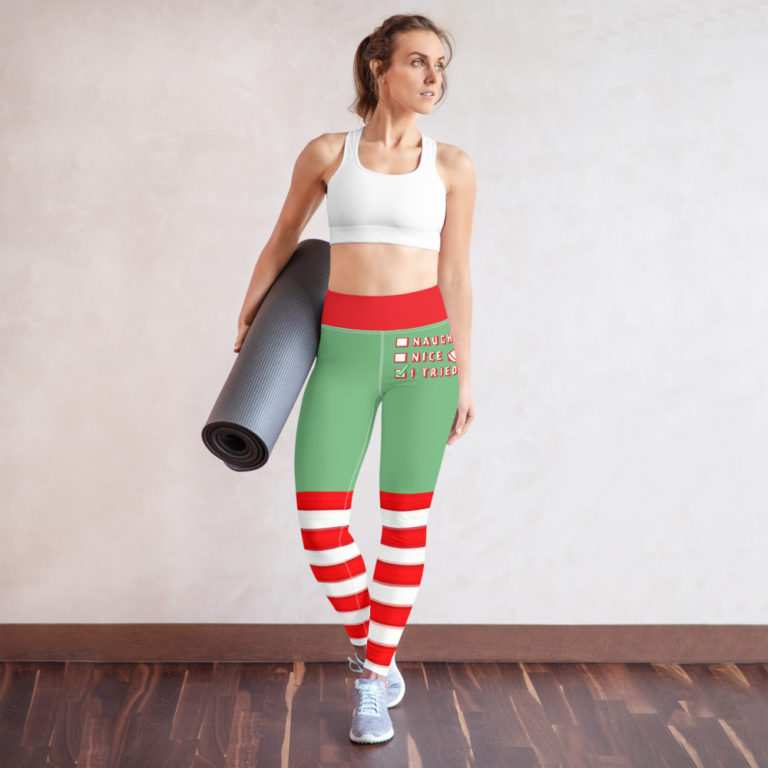 Green And Red Naughty Or Nice Christmas Leggings Holiday Yoga Pants Essentially Savvy